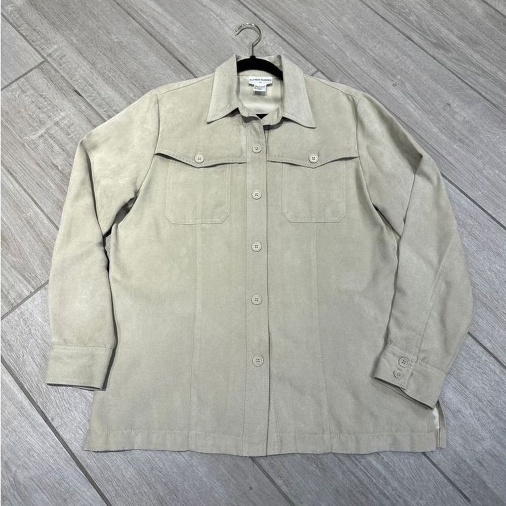 Alfred Dunner Womens 10 Shirt Tan Faux Suede Button Down Utility Shacket Beige